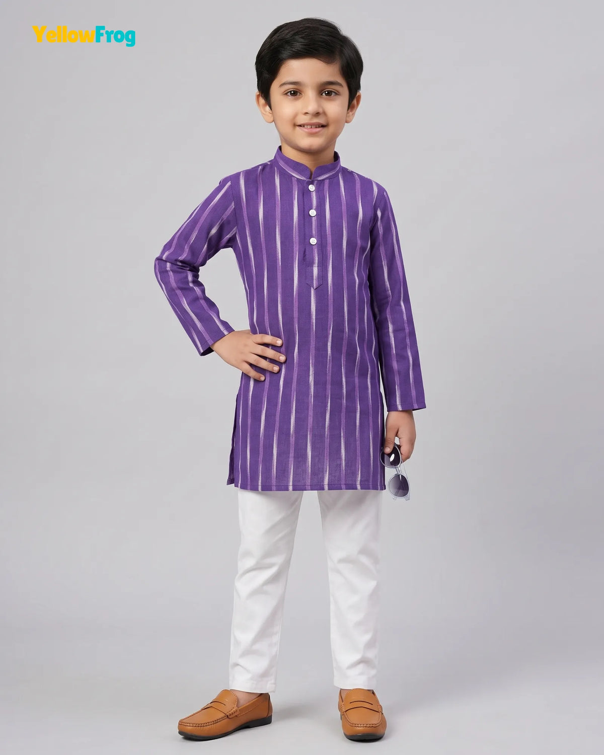 Boys Pure Cotton Ikkat Kurta Pyjama Set - Purple Striped Ikkat KP231