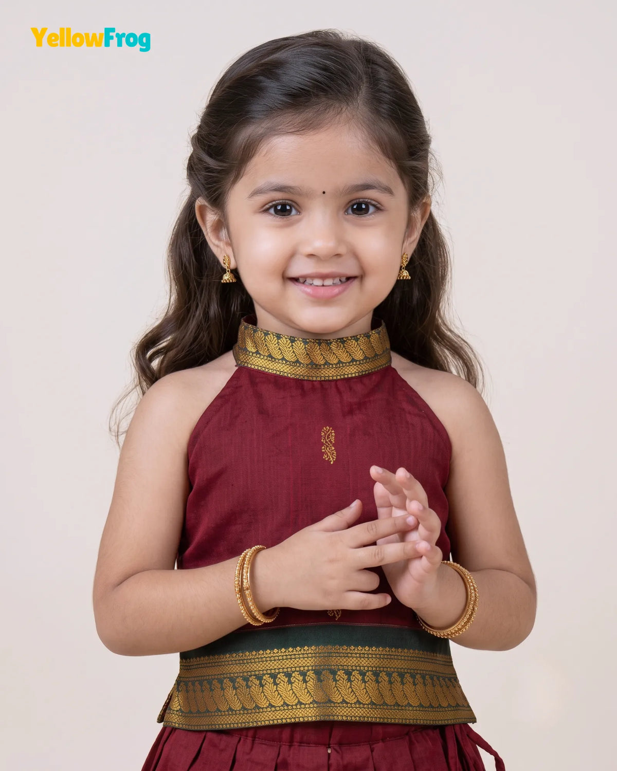 Girls Kalyani Cotton Halter Neck Pavadai Set - Maroon Green Skirt Top PPP2168