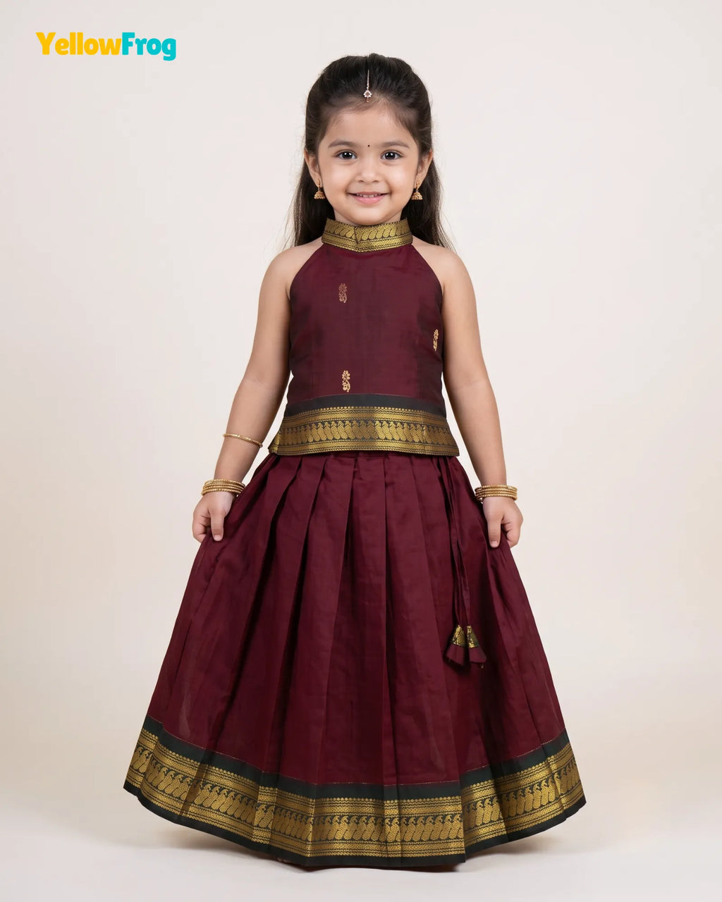 Girls Kalyani Cotton Halter Neck Pavadai Set - Dark Maroon Skirt Top PPP2169