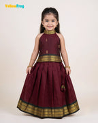Girls Kalyani Cotton Halter Neck Pavadai Set - Dark Maroon Skirt Top PPP2169