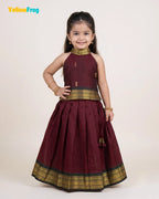 Girls Kalyani Cotton Halter Neck Pavadai Set - Dark Maroon Skirt Top PPP2169