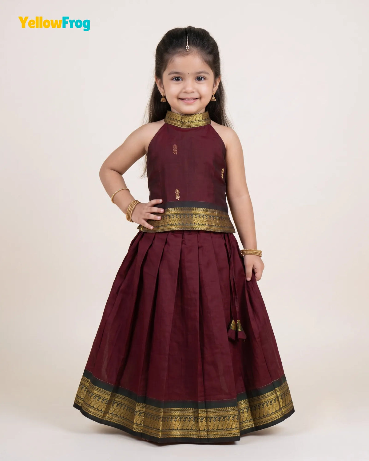Girls Kalyani Cotton Halter Neck Pavadai Set - Dark Maroon Skirt Top PPP2169