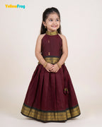 Girls Kalyani Cotton Halter Neck Pavadai Set - Dark Maroon Skirt Top PPP2169