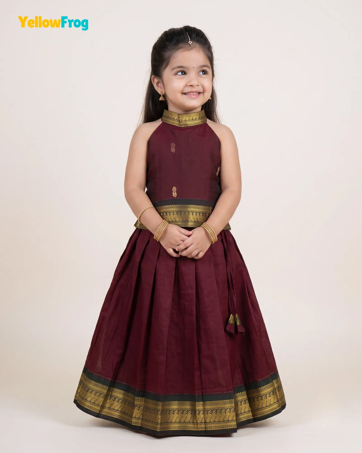 Girls Kalyani Cotton Halter Neck Pavadai Set - Dark Maroon Skirt Top PPP2169