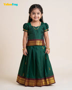 Girls Kalyani Cotton Pavadai Set - Dark Green Puff Sleeve Skirt Top PPP2152