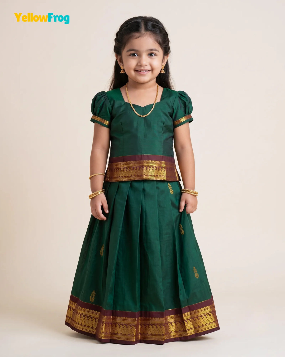Girls Kalyani Cotton Pavadai Set - Dark Green Puff Sleeve Skirt Top PPP2152