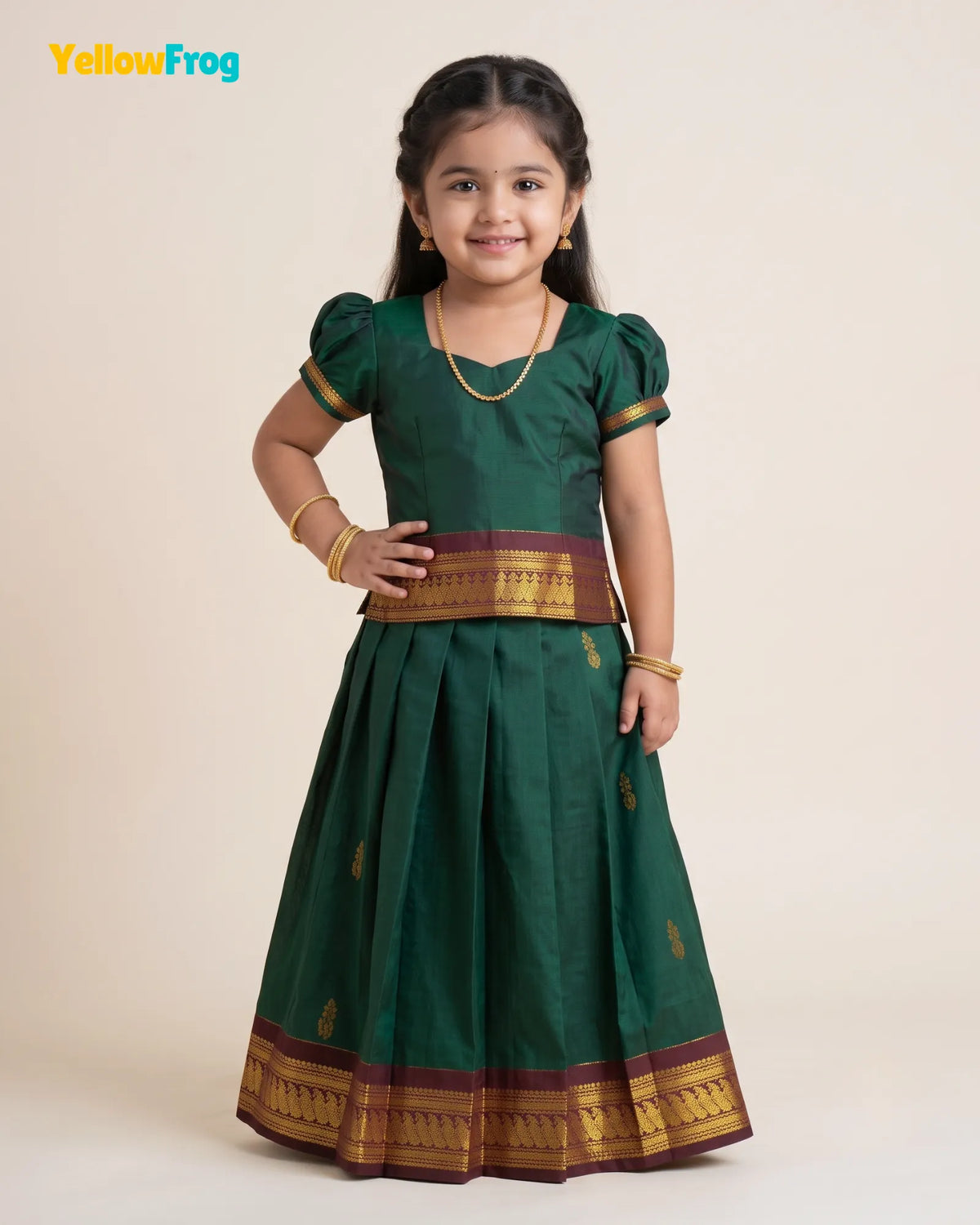 Girls Kalyani Cotton Pavadai Set - Dark Green Puff Sleeve Skirt Top PPP2152