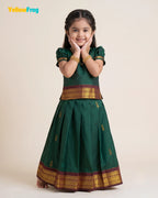 Girls Kalyani Cotton Pavadai Set - Dark Green Puff Sleeve Skirt Top PPP2152