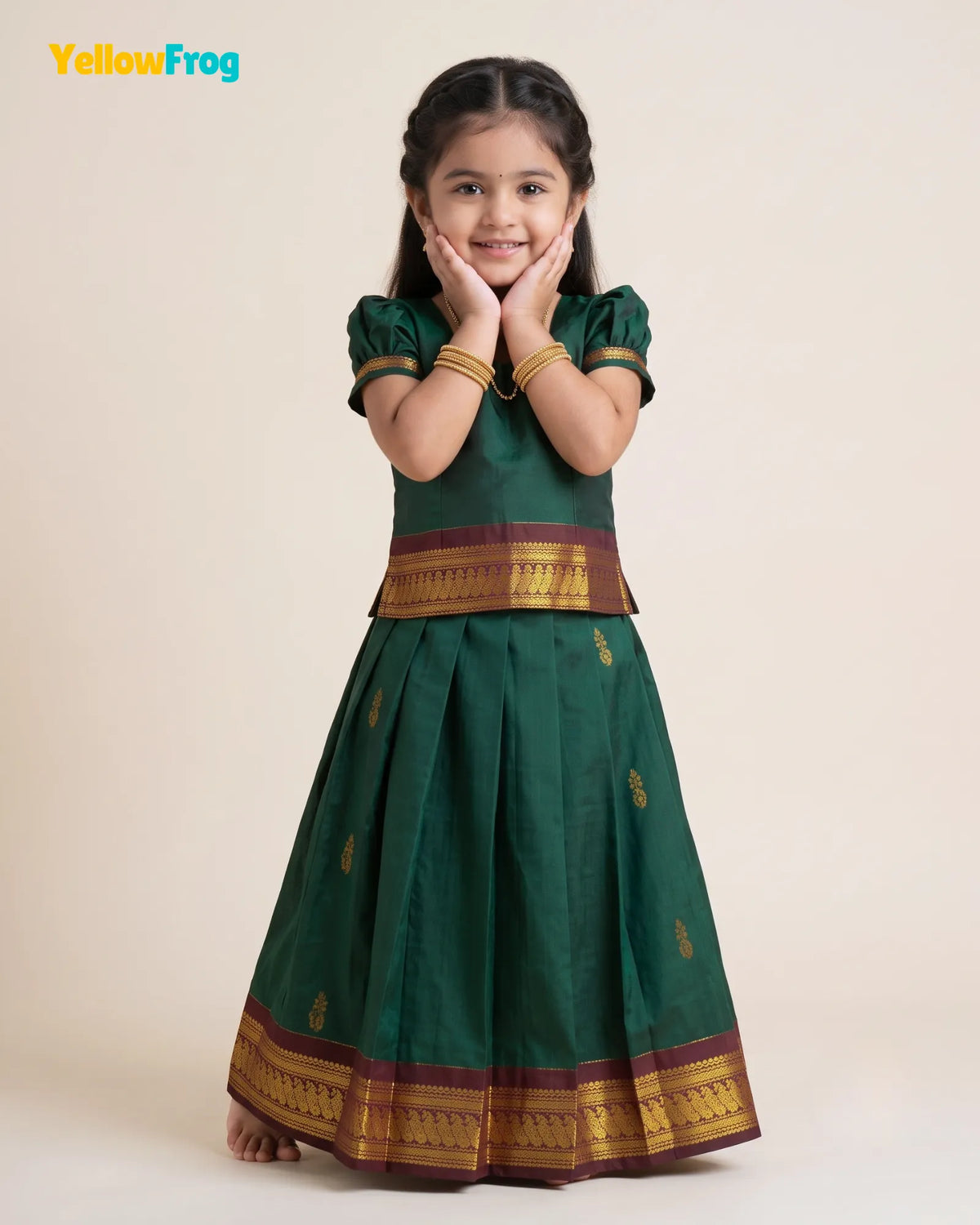 Girls Kalyani Cotton Pavadai Set - Dark Green Puff Sleeve Skirt Top PPP2152