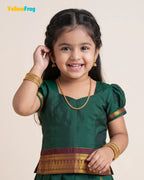 Girls Kalyani Cotton Pavadai Set - Dark Green Puff Sleeve Skirt Top PPP2152