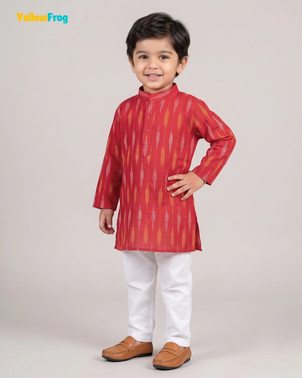 Boys Pure Cotton Ikkat Kurta Pyjama Set - Red Ikkat KP233