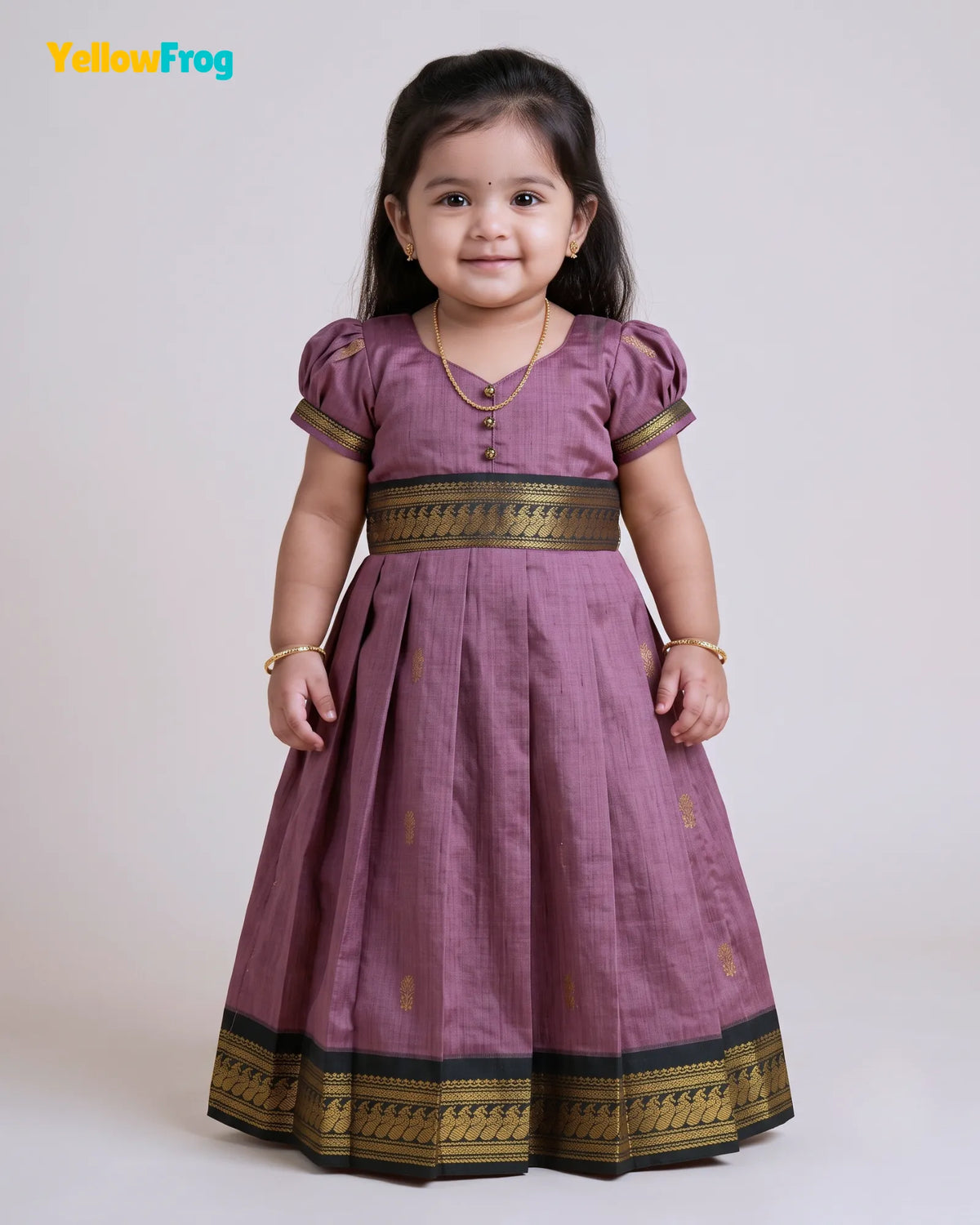 Girls Kalyani Cotton Cotton Full Gown - Mauve Black Zari PG730