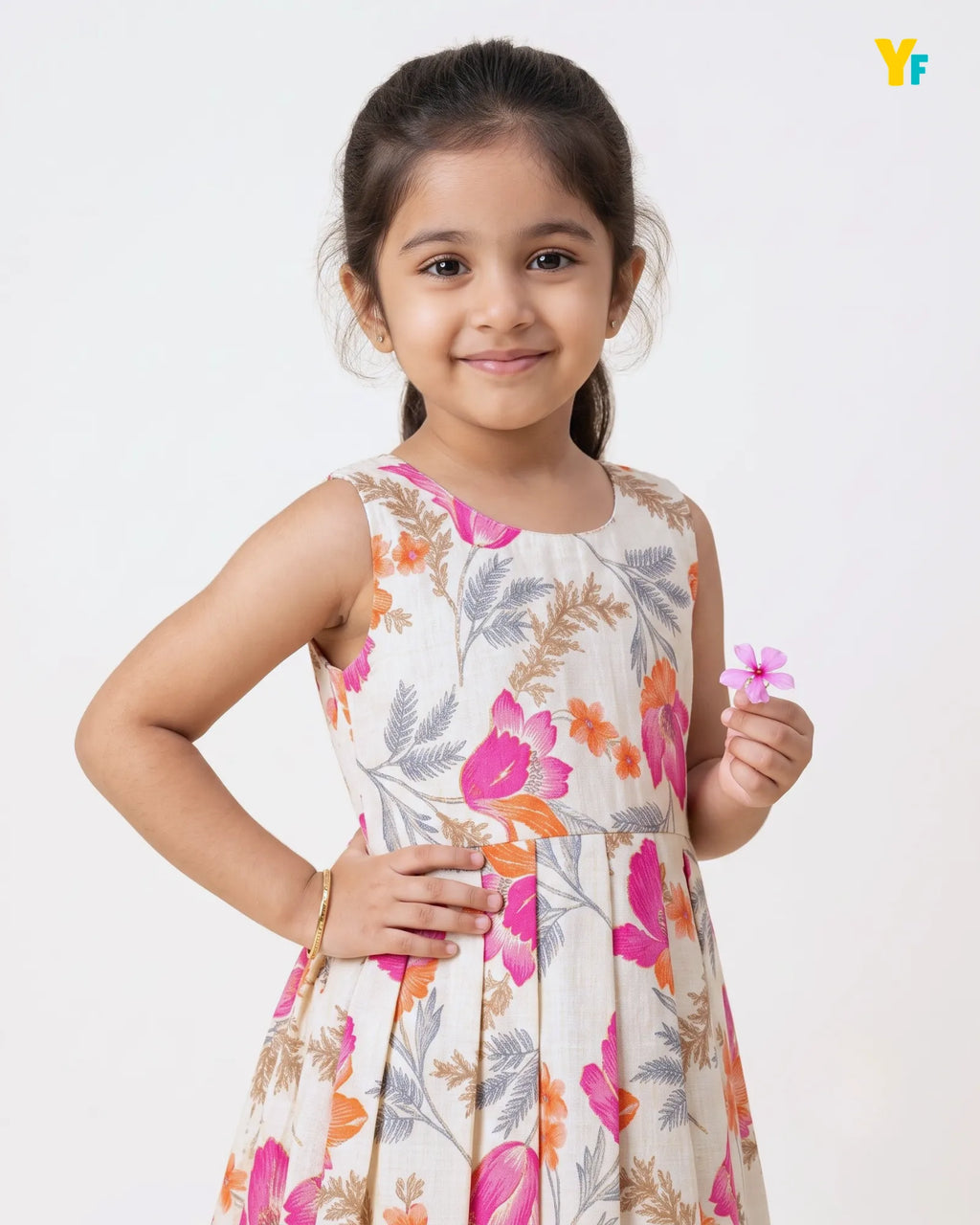 Girls Pure Cotton Sleeveless Fit & Flare Dress - Pink & Orange Floral Pleated Frock CF439
