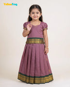 Girls Kalyani Cotton Pattu Pavadai Set - Mauve Green Puff Sleeve Skirt Top PPP2151