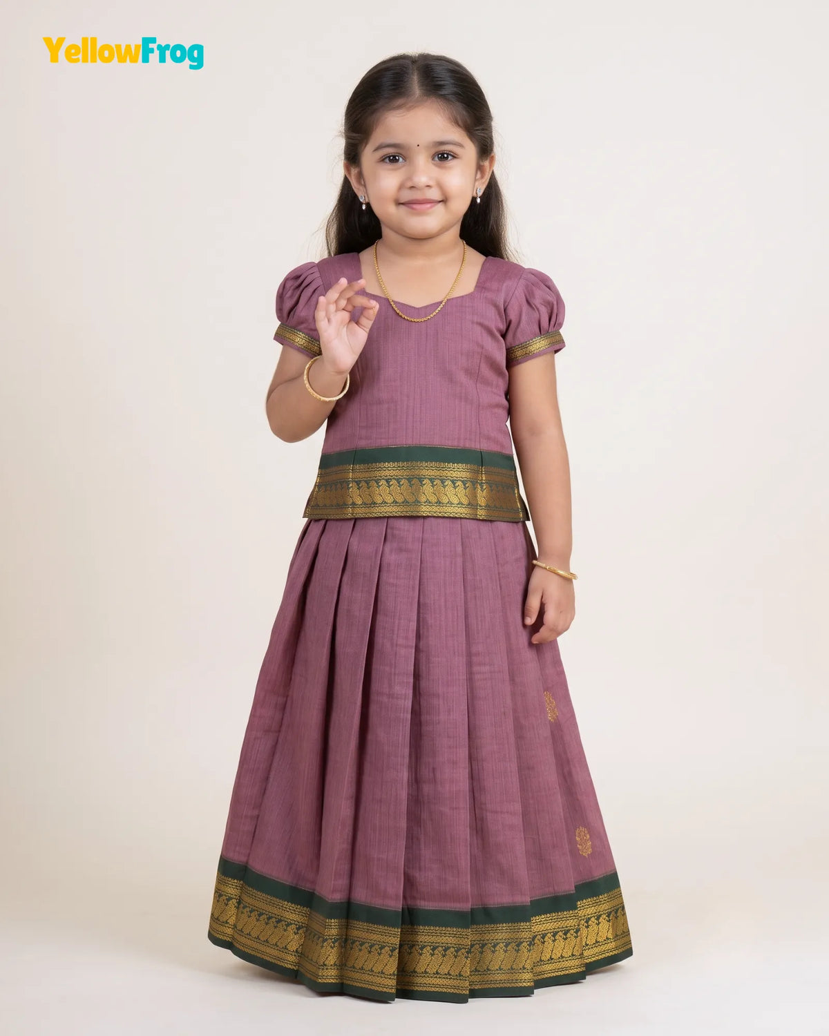 Girls Kalyani Cotton Pattu Pavadai Set - Mauve Green Puff Sleeve Skirt Top PPP2151