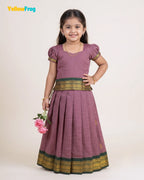 Girls Kalyani Cotton Pattu Pavadai Set - Mauve Green Puff Sleeve Skirt Top PPP2151