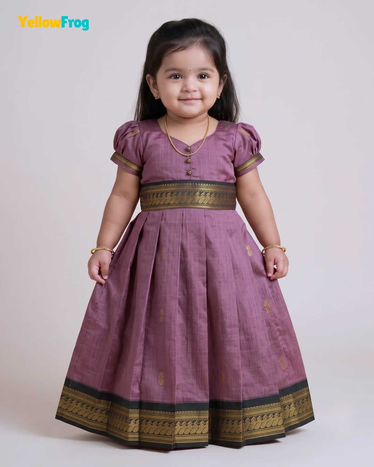 Girls Kalyani Cotton Cotton Full Gown - Mauve Black Zari PG730