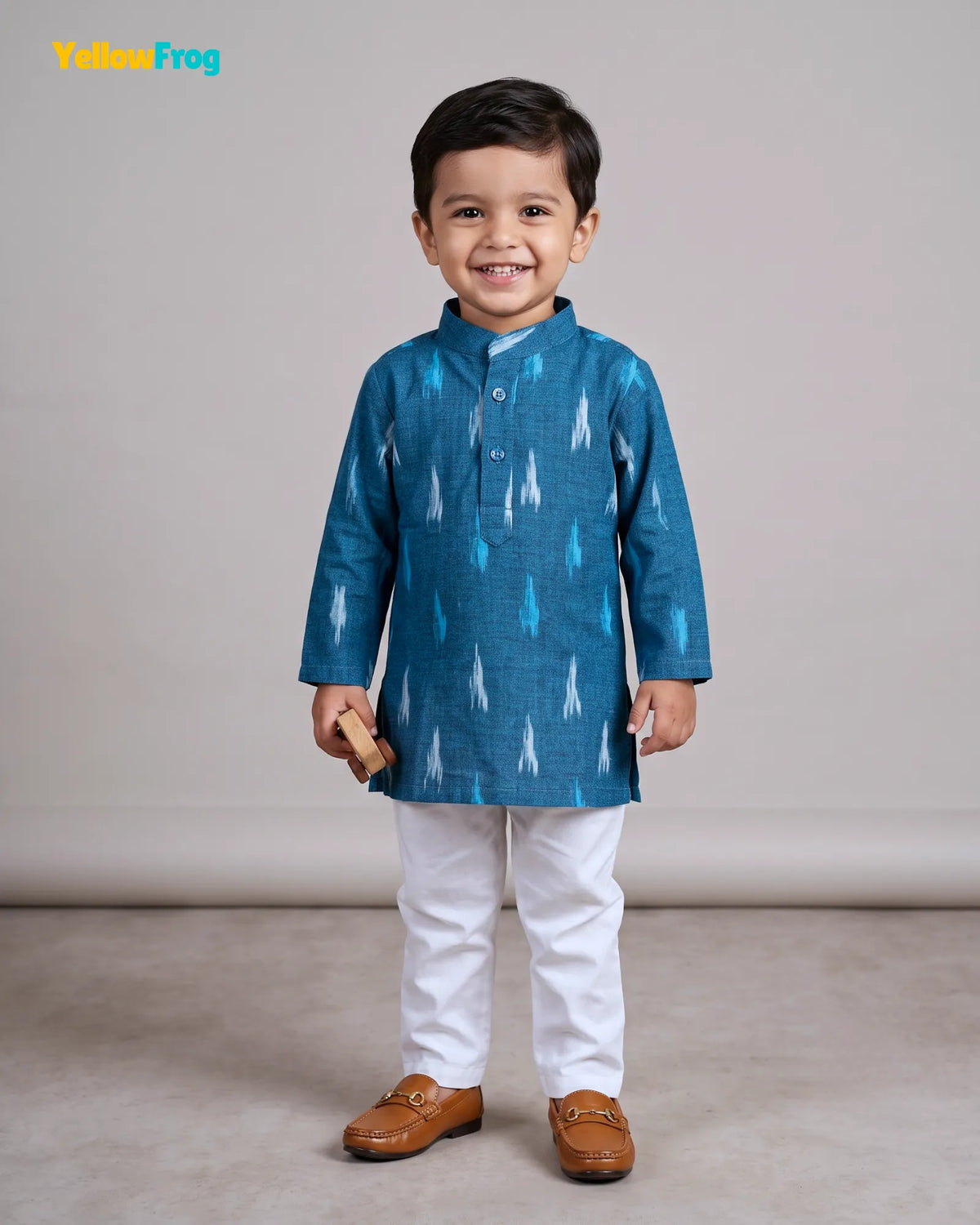 Boys Pure Cotton Ikkat Kurta Pyjama Set - Teal Ikkat KP229