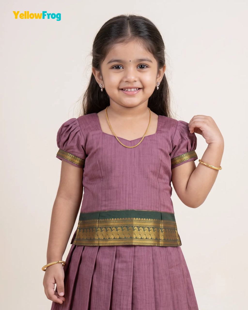 Girls Kalyani Cotton Pattu Pavadai Set - Mauve Green Puff Sleeve Skirt Top PPP2151
