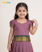 Girls Kalyani Cotton Pattu Pavadai Set - Mauve Green Puff Sleeve Skirt Top PPP2151