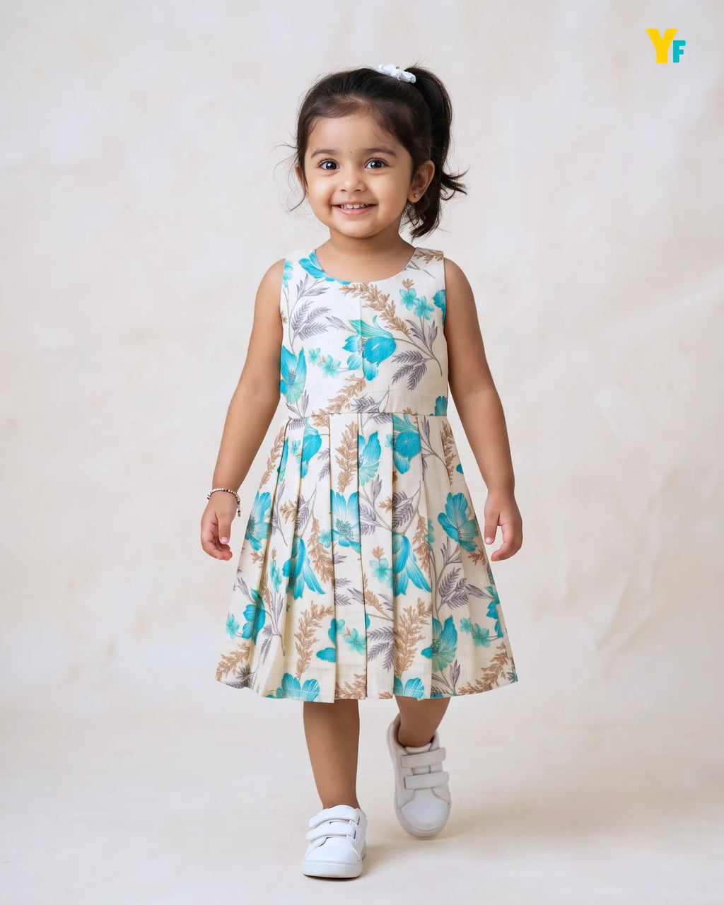 Girls Pure Cotton Sleeveless Fit & Flare Dress - Turquoise Floral Pleated Frock CF440
