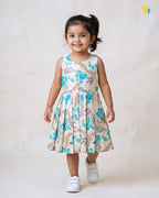 Girls Pure Cotton Sleeveless Fit & Flare Dress - Turquoise Floral Pleated Frock CF440