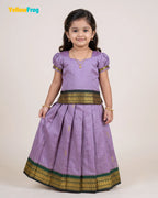 Girls Kalyani Cotton Pattu Pavadai Set - Lilac Puff Sleeve Skirt Top PPP2149