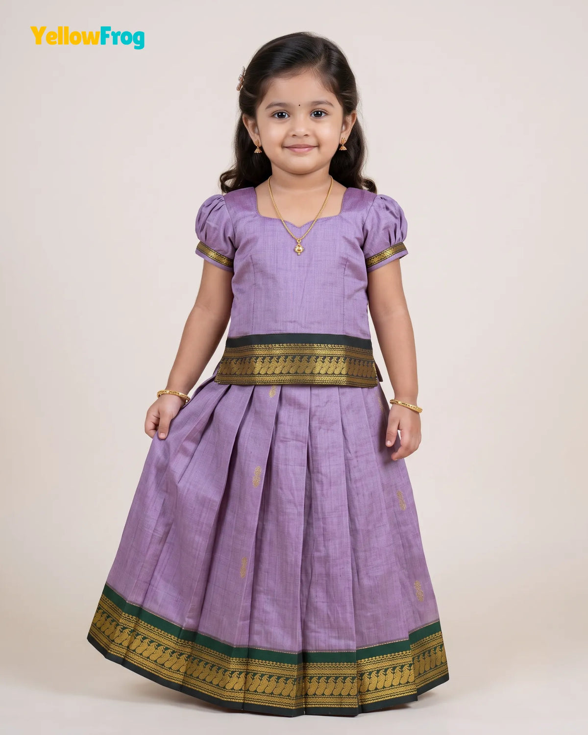 Girls Kalyani Cotton Pattu Pavadai Set - Lilac Puff Sleeve Skirt Top PPP2149
