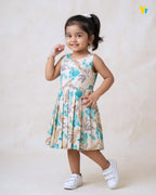 Girls Pure Cotton Sleeveless Fit & Flare Dress - Turquoise Floral Pleated Frock CF440