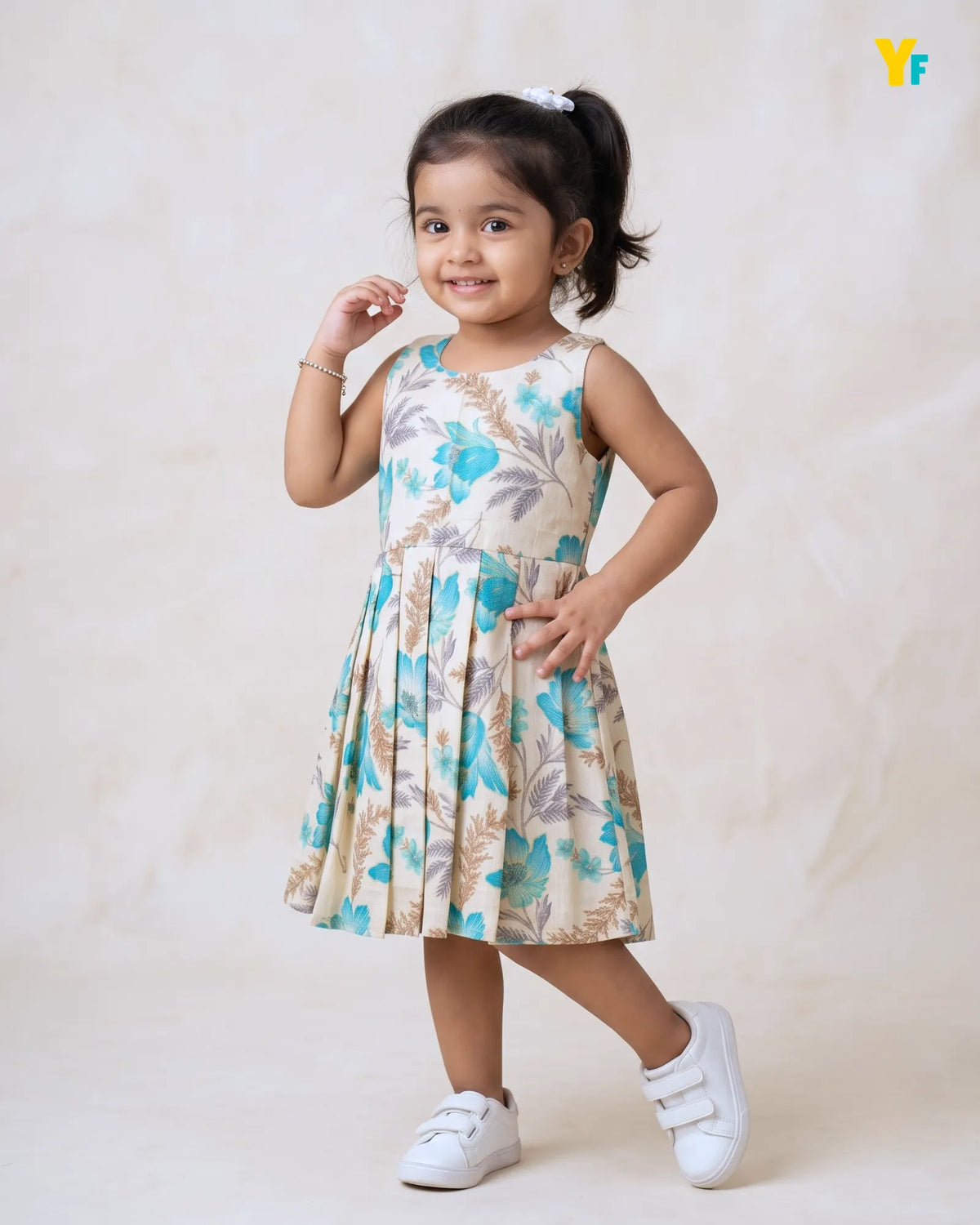 Girls Pure Cotton Sleeveless Fit & Flare Dress - Turquoise Floral Pleated Frock CF440