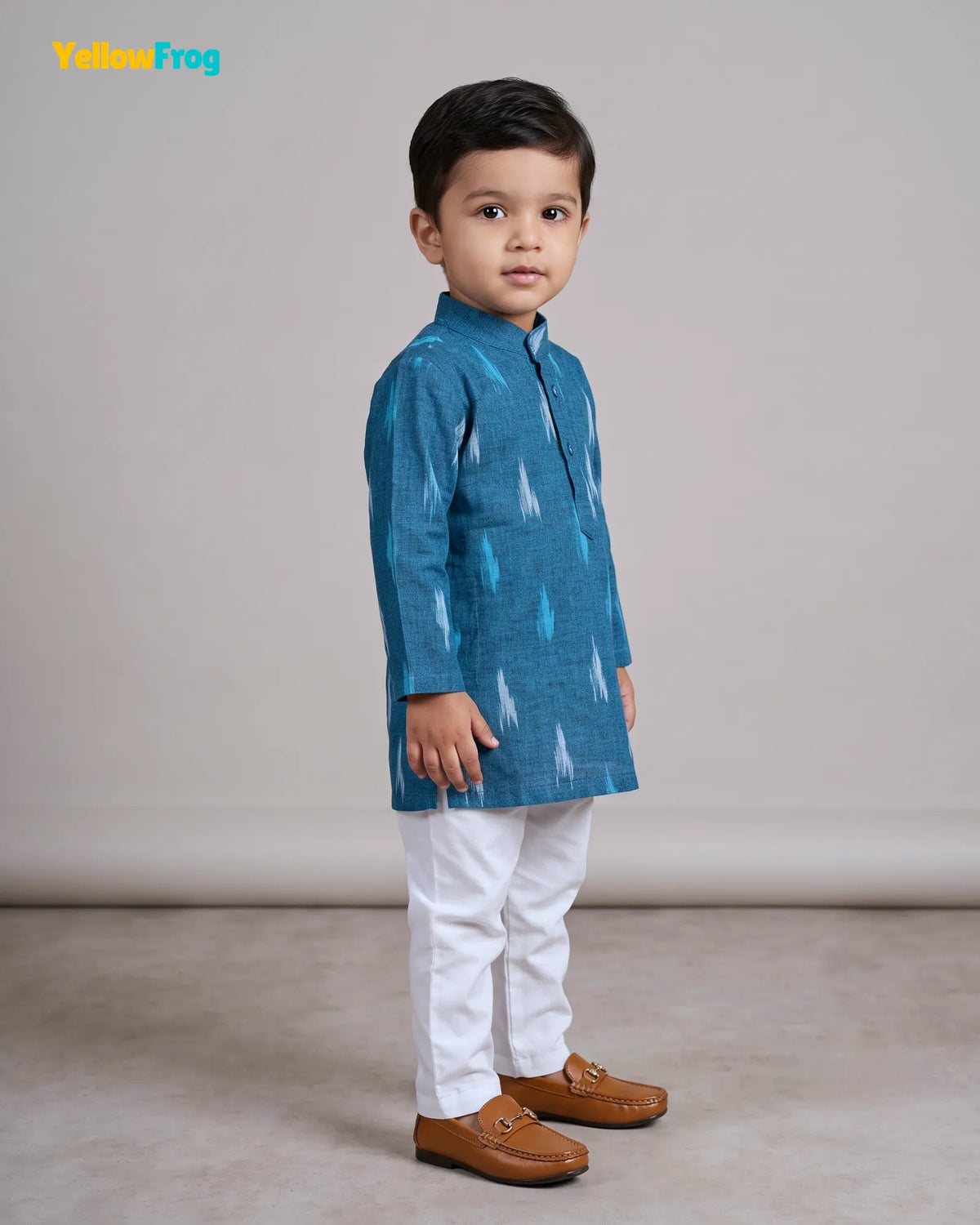 Boys Pure Cotton Ikkat Kurta Pyjama Set - Teal Ikkat KP229