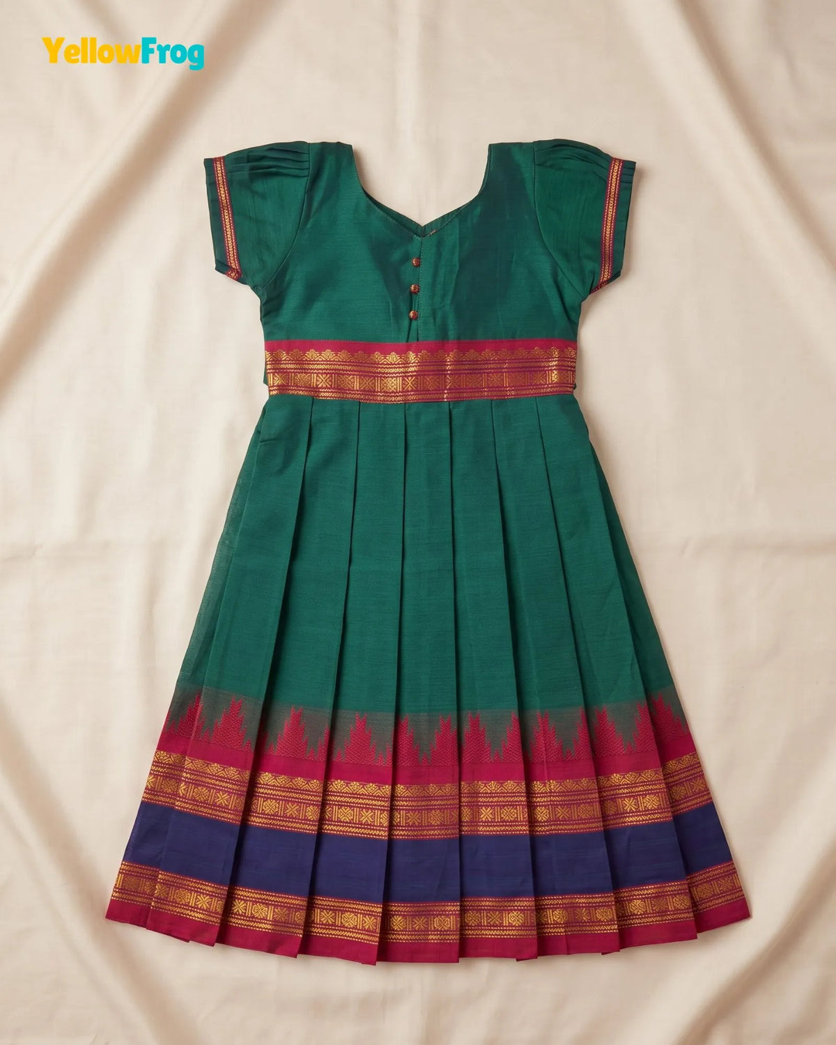 Girls Teal Green Chettinad Cotton Full Gown - PG733