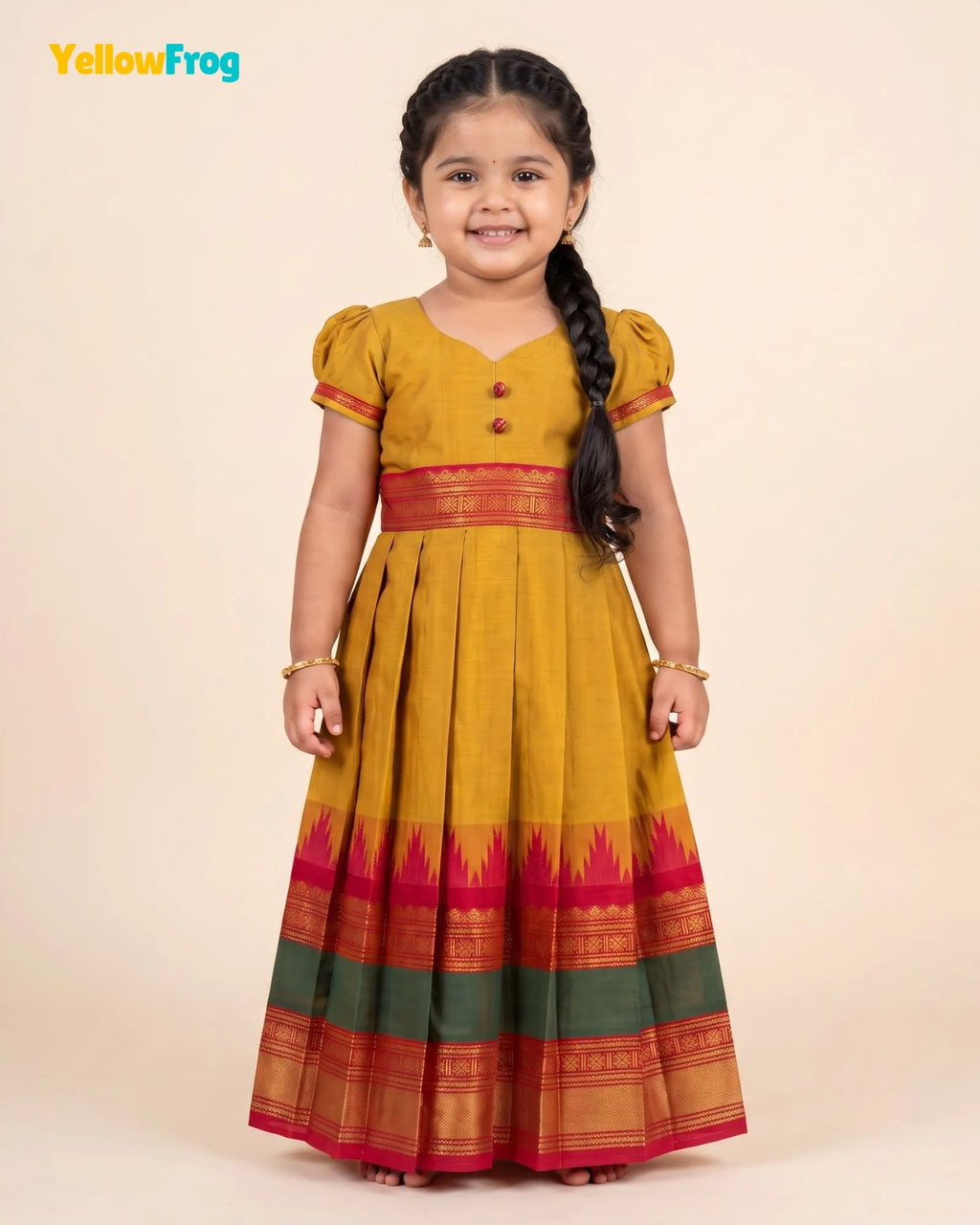 Girls Yellow Ochre Chettinad Cotton Full Gown - PG734