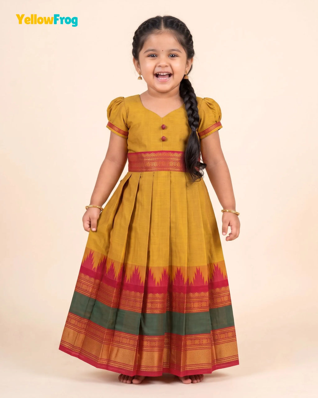 Girls Yellow Ochre Chettinad Cotton Full Gown - PG734