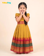 Girls Yellow Ochre Chettinad Cotton Full Gown - PG734