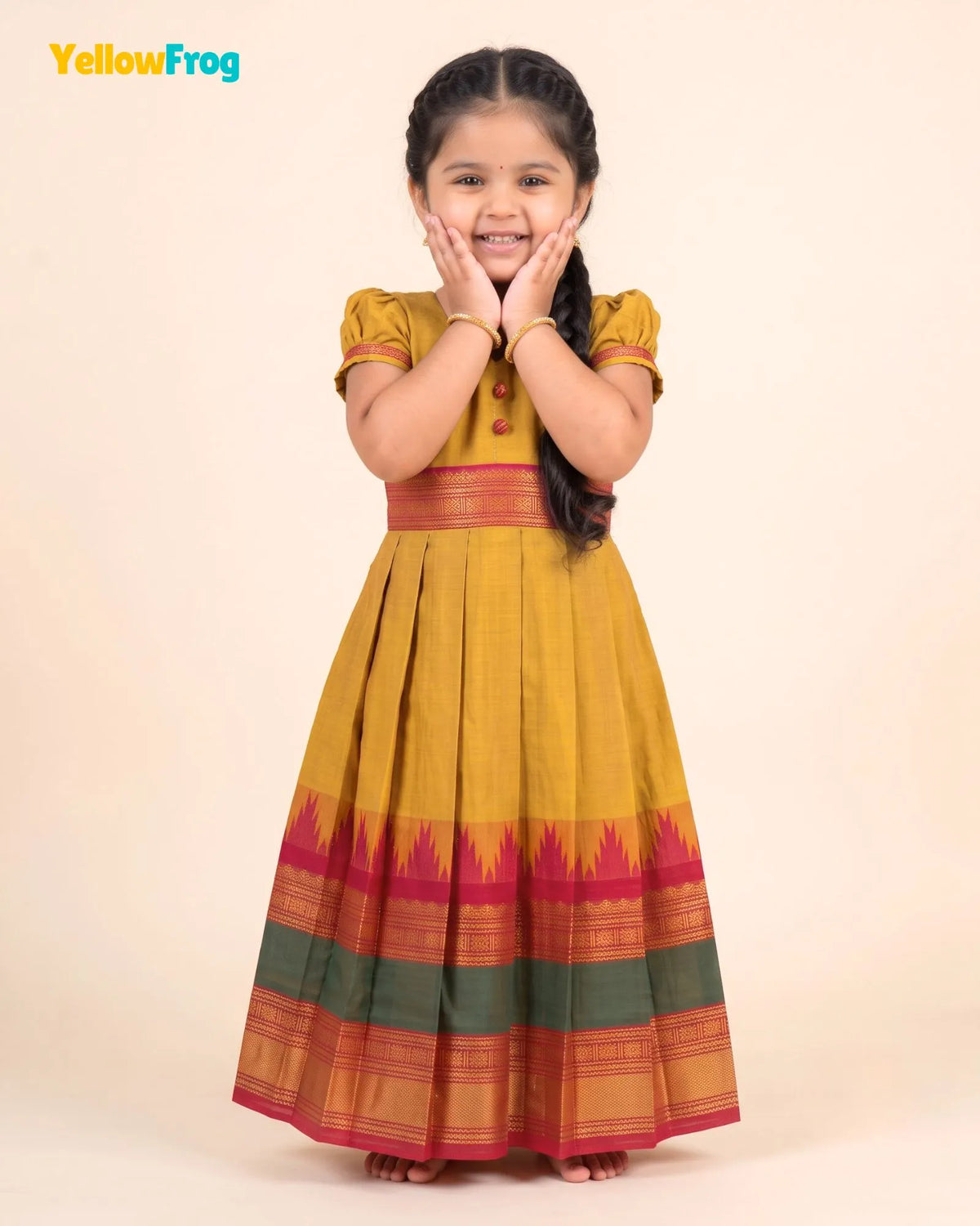 Girls Yellow Ochre Chettinad Cotton Full Gown - PG734