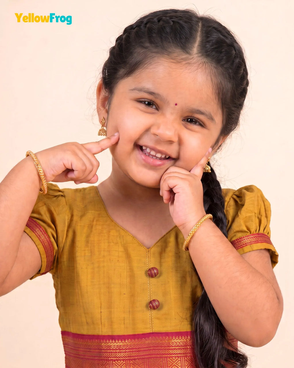 Girls Yellow Ochre Chettinad Cotton Full Gown - PG734