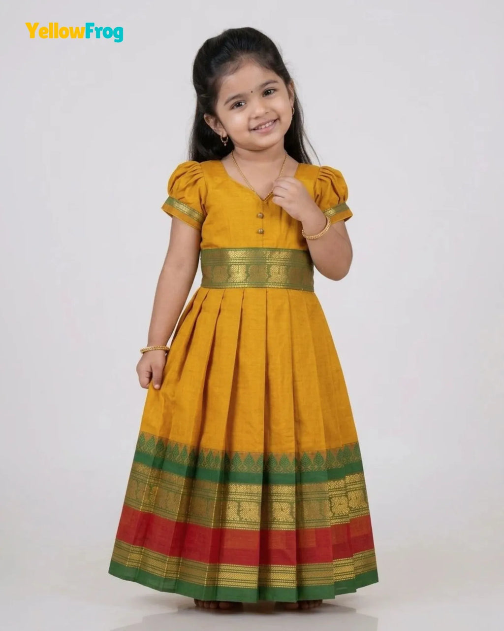 Girls Yellow Ochre Chettinad Cotton Full Gown - PG736