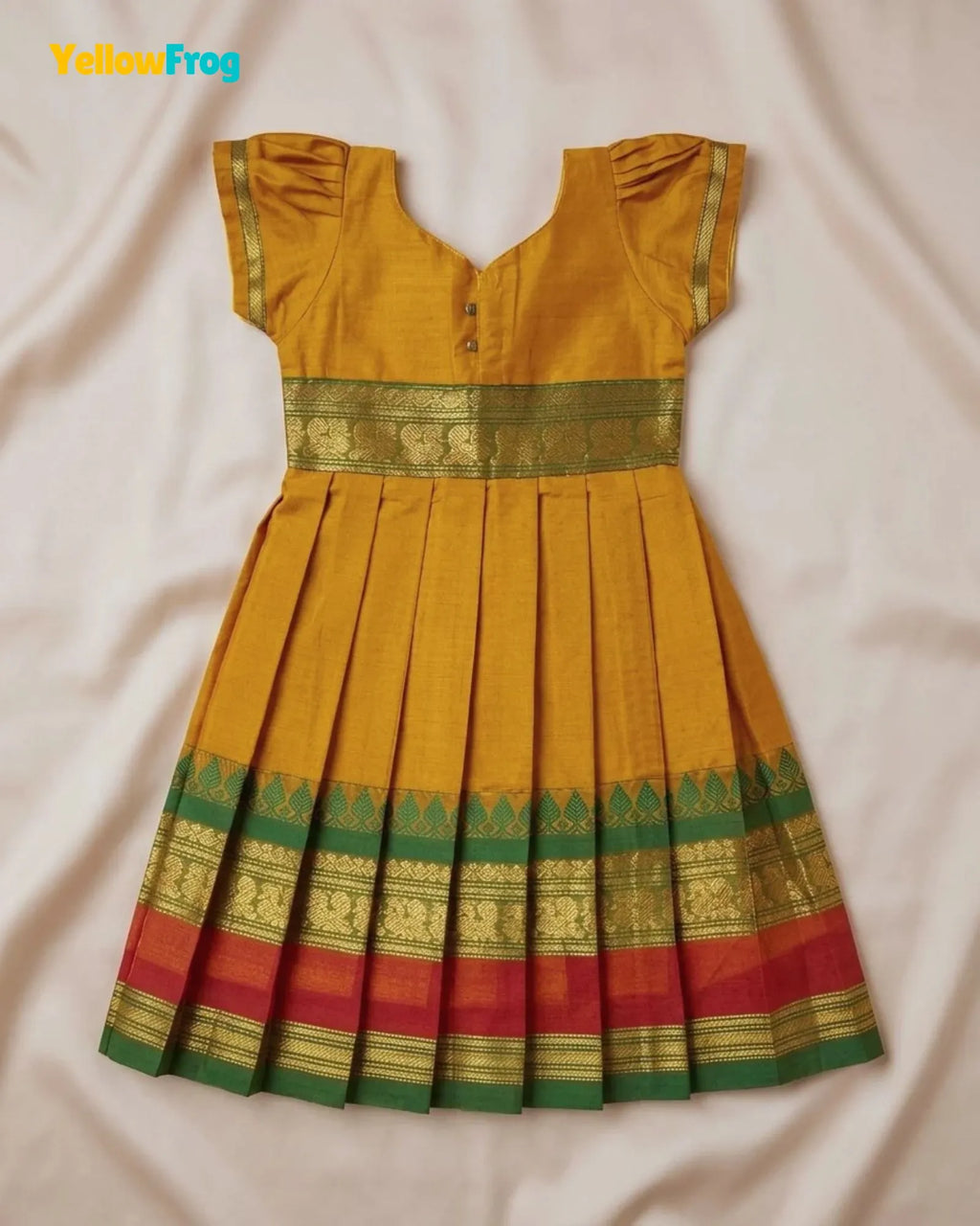 Girls Yellow Ochre Chettinad Cotton Full Gown - PG736