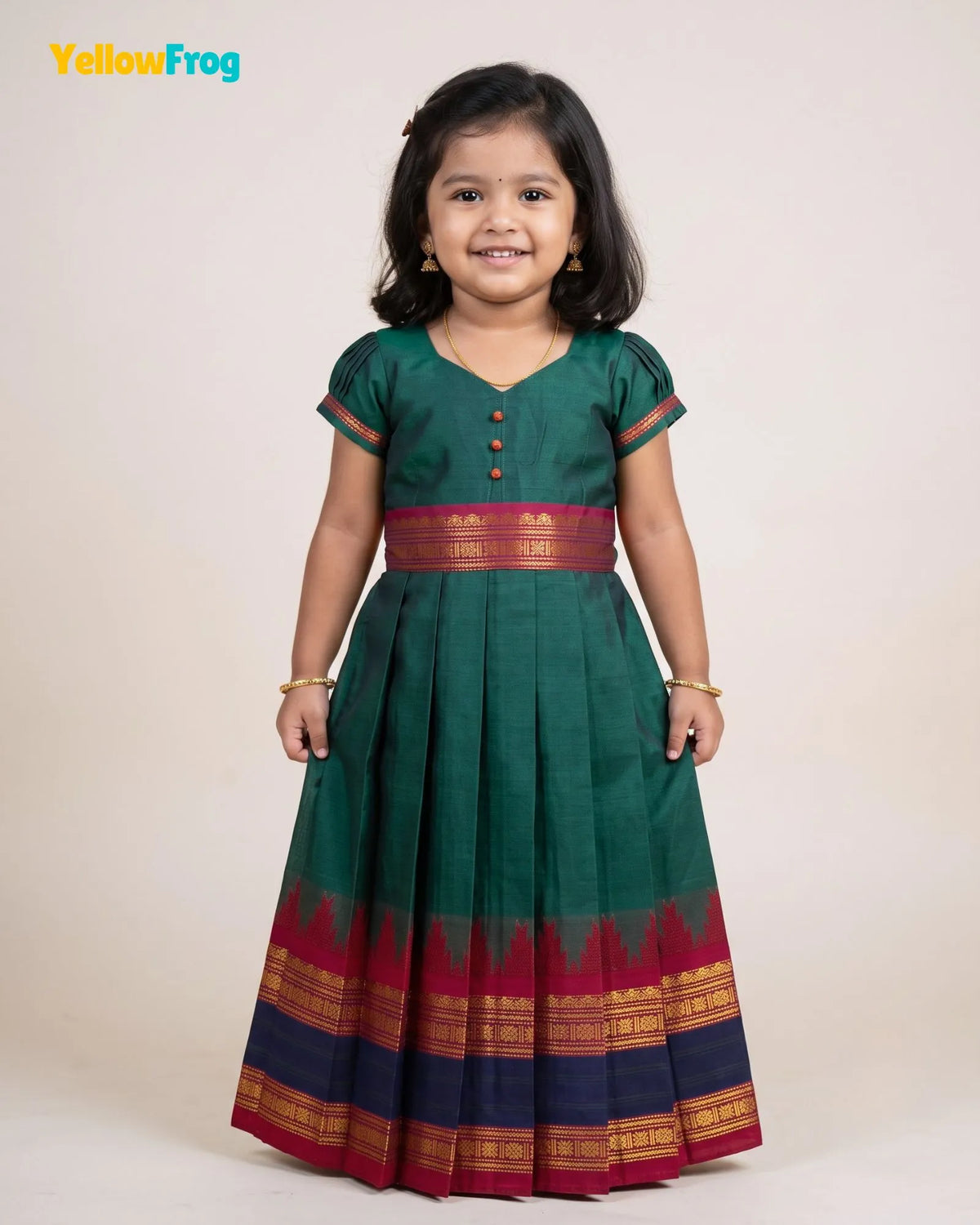 Girls Teal Green Chettinad Cotton Full Gown - PG733