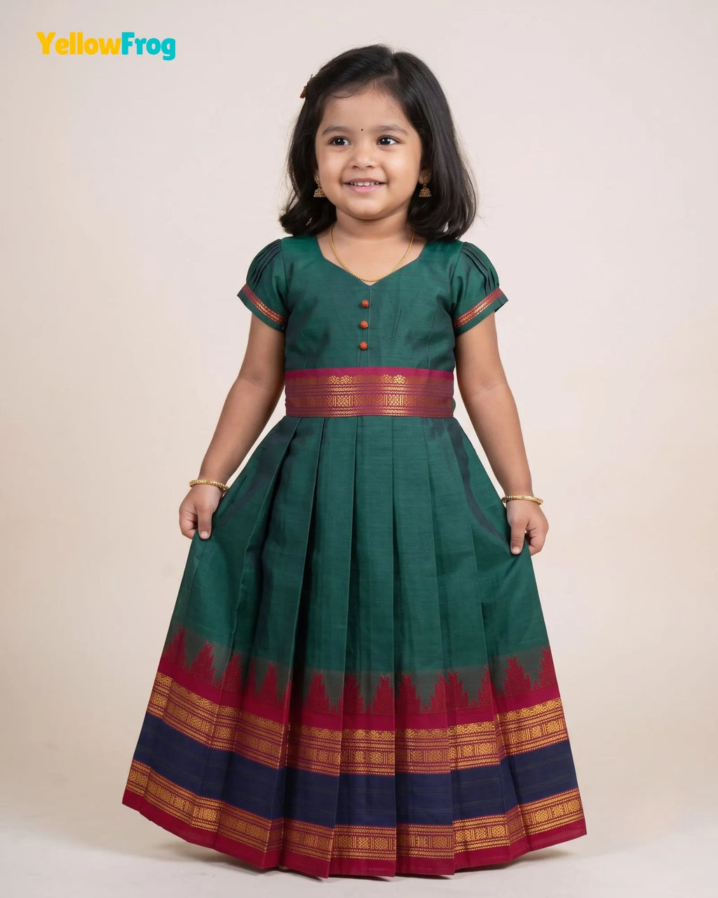 Girls Teal Green Chettinad Cotton Full Gown - PG733