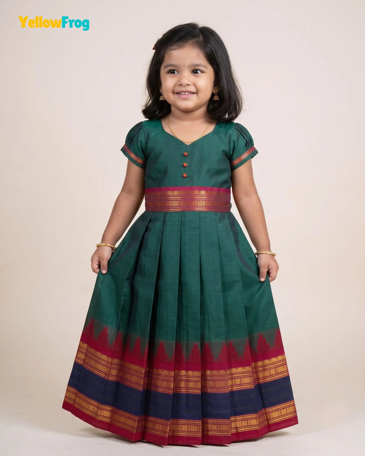 Girls Teal Green Chettinad Cotton Full Gown - PG733