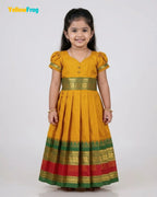 Girls Yellow Ochre Chettinad Cotton Full Gown - PG736
