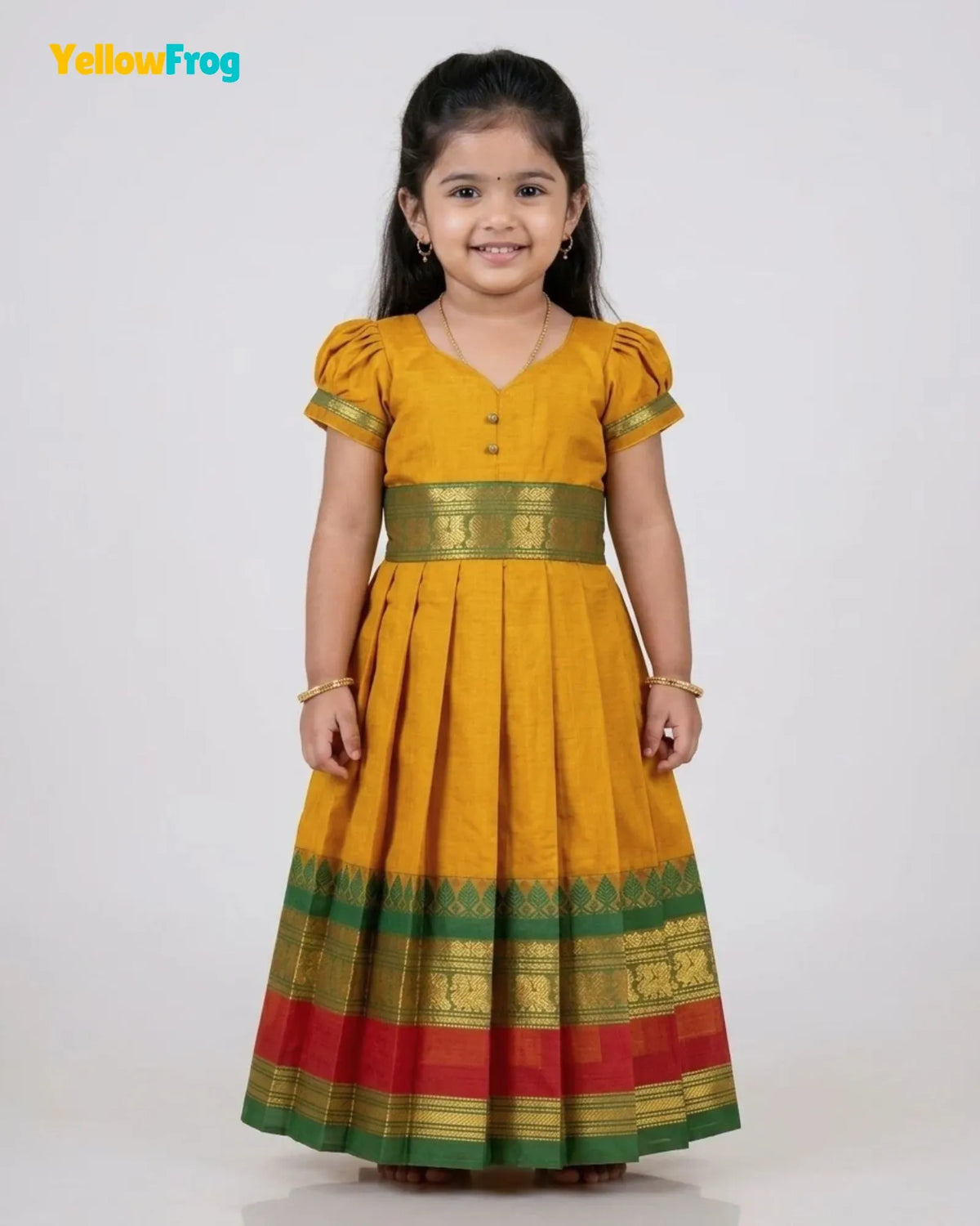 Girls Yellow Ochre Chettinad Cotton Full Gown - PG736