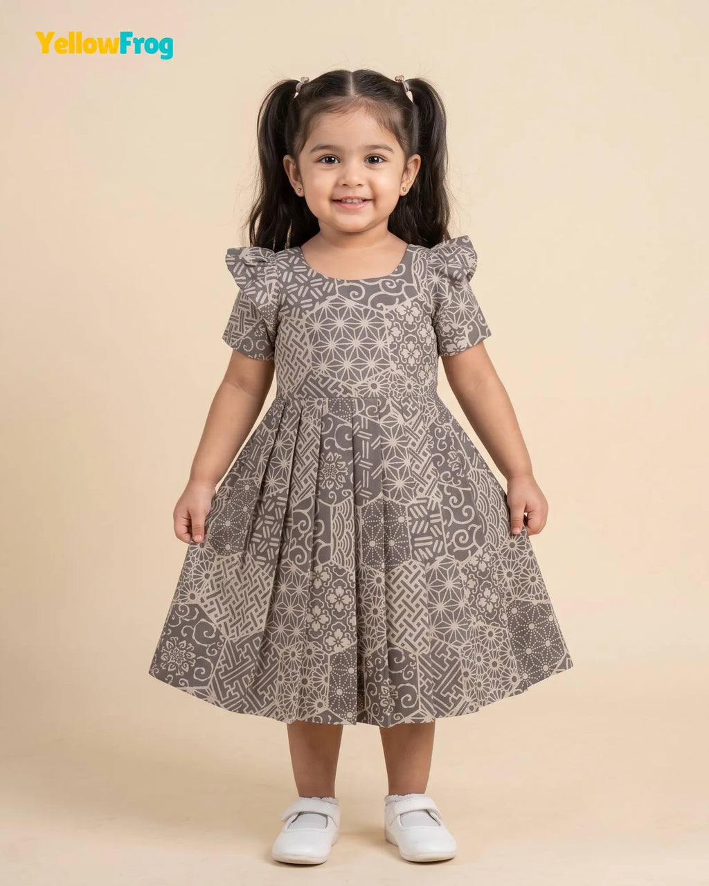 Girls Taupe Grey Hand block Geometric Print Cotton Frock -CF453