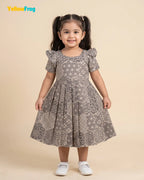 Girls Taupe Grey Hand block Geometric Print Cotton Frock -CF453