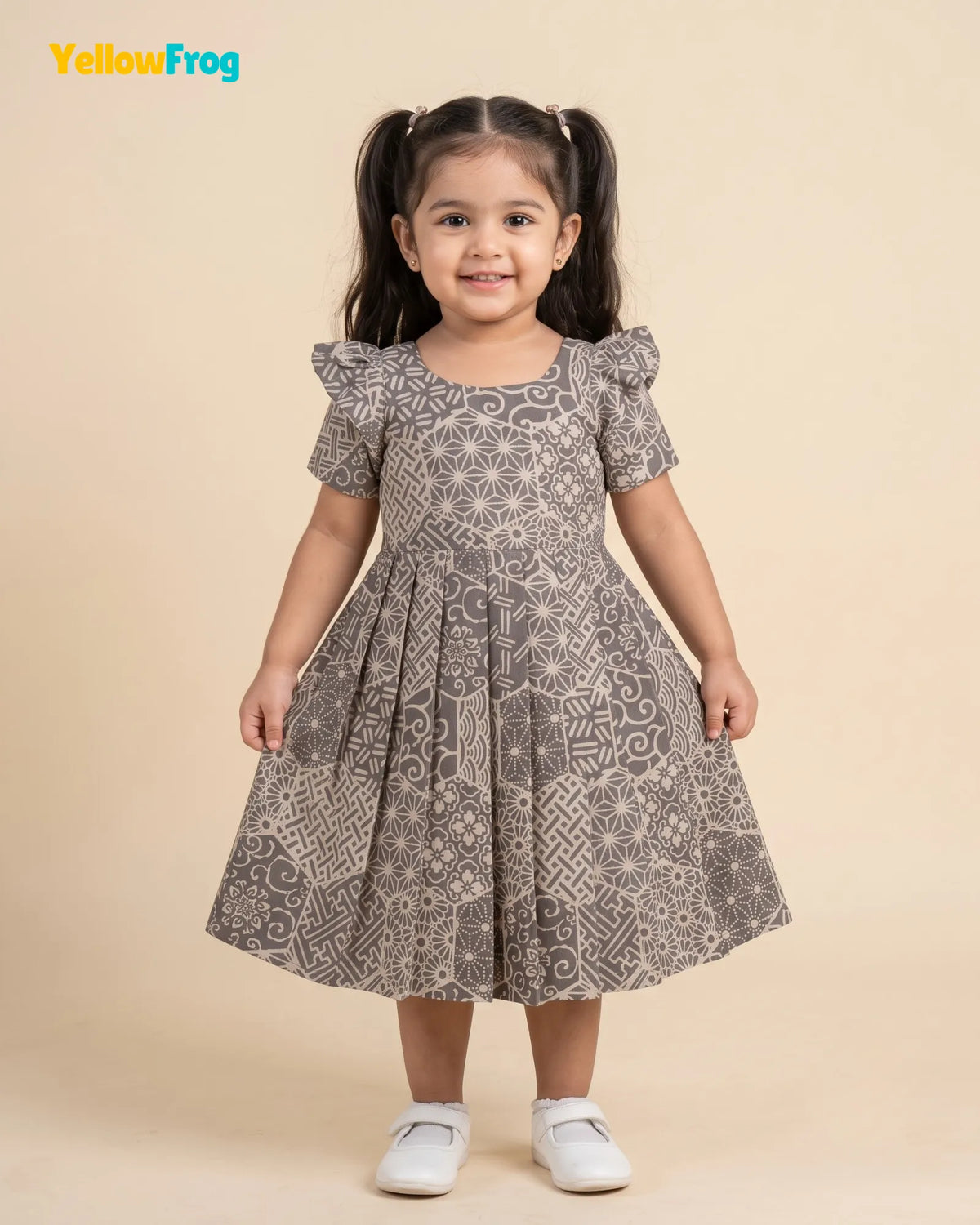 Girls Taupe Grey Hand block Geometric Print Cotton Frock -CF453