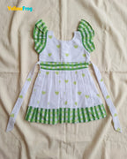 Girls Off-White Heart Handblock Print & Checked Cotton Frock- CF454
