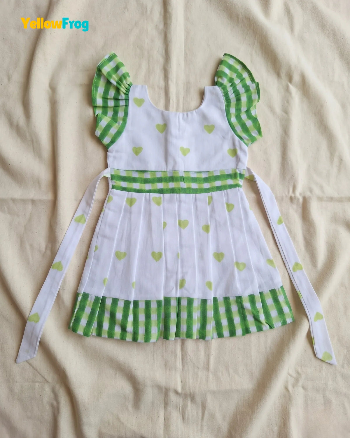 Girls Off-White Heart Handblock Print & Checked Cotton Frock- CF454