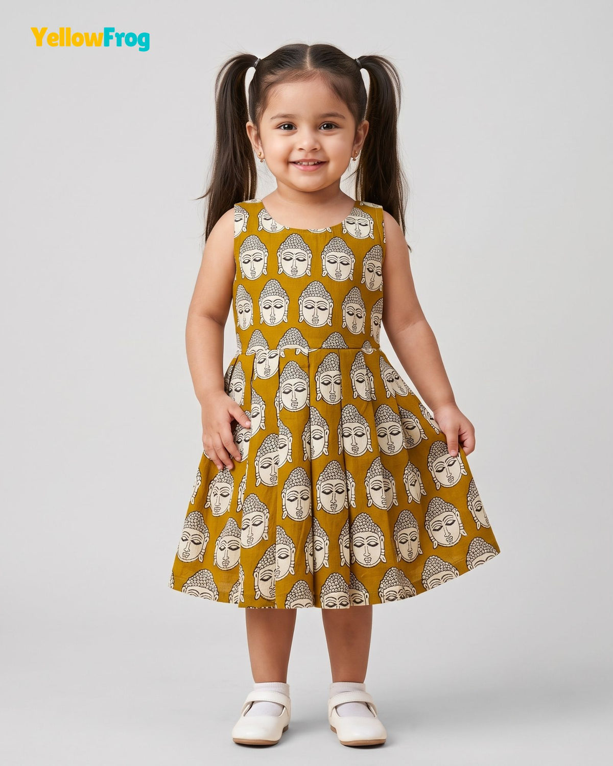 Girls Pure Cotton Kalamkari Dress- Mustard Olive with Off White Buddha Motif CF450